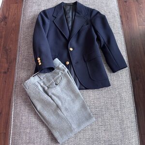 Gant Vintage Boys Classic Navy Blue Blazer w/ Gold Buttons + Gray Trousers